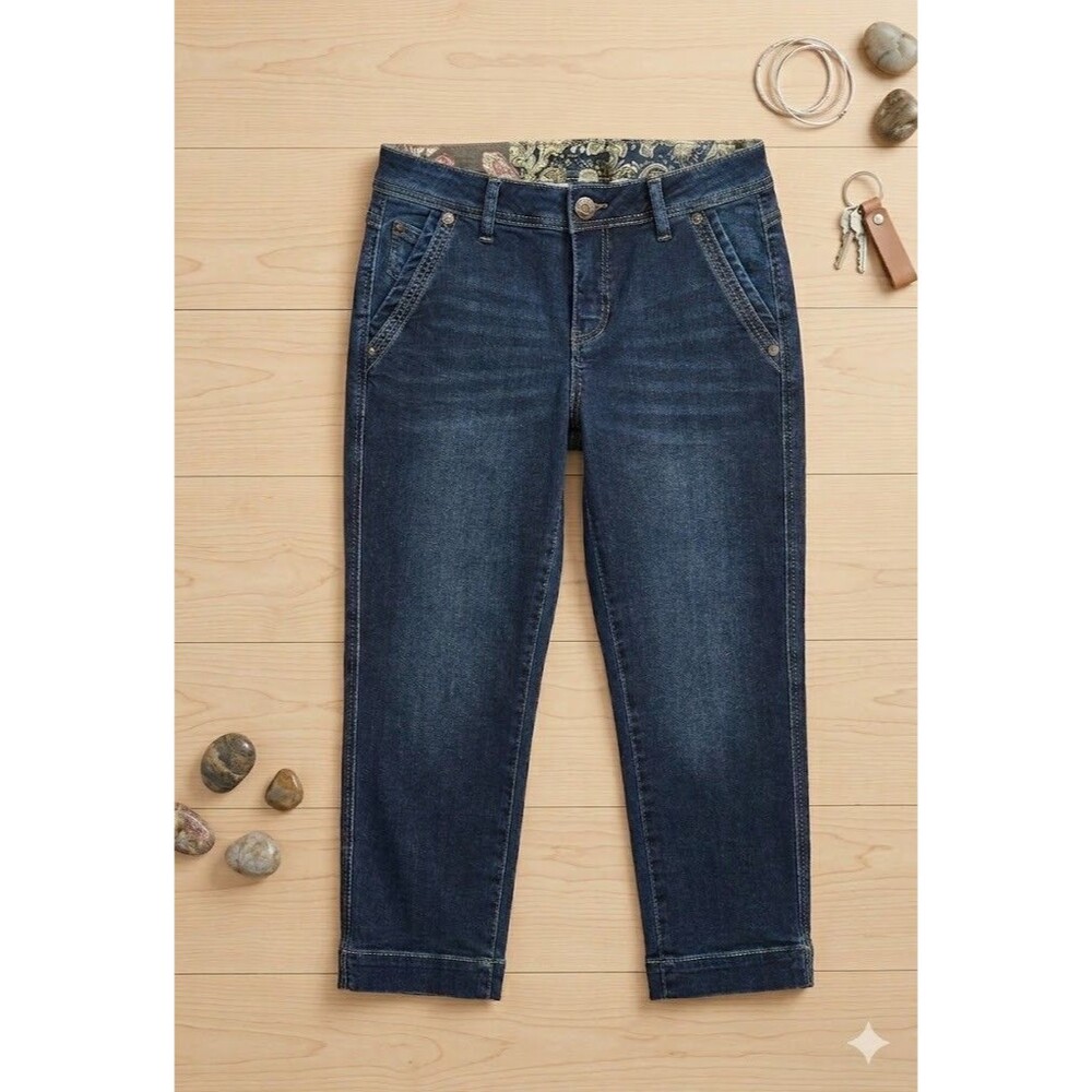 One 5 One Capri Jeans Womens 6 Dark Wash Denim Stretch 5 Pocket Whiskered NWT